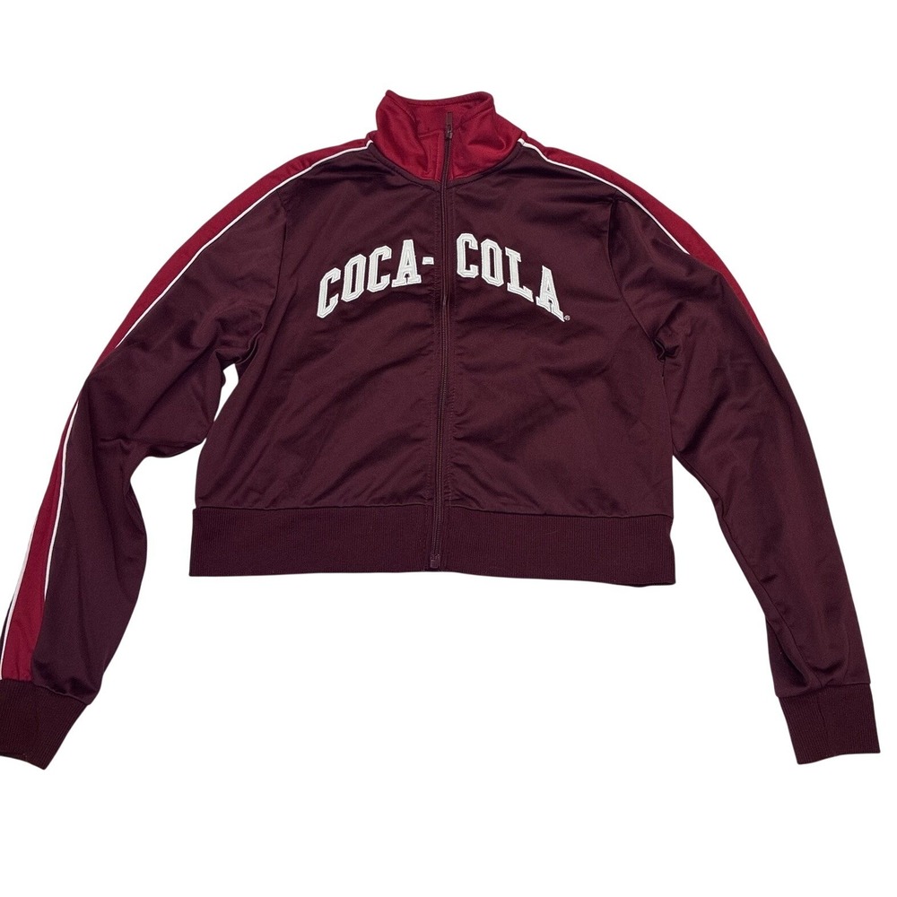 Coca-Cola Cropped Track Jacket. Womens Small Full Zip Burgundy Long Sleeve